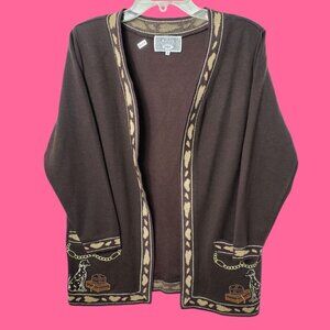 Vintage Brown Open-Front Cardigan With Dog & Chain Embroidery Size 40eu Medium